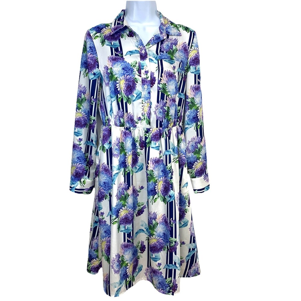 J‎ Crew Floral Shirt Dress Long Sleeve Blue Purple Sz 2 Knee Length Casual Work